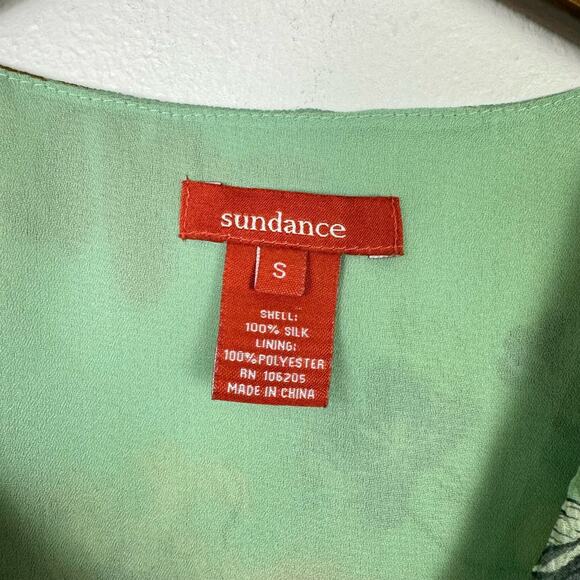 Sundance Sylvan Sage Green Floral Sheer Crepe Texture Silk Babydoll Blouse - Picture 9 of 10